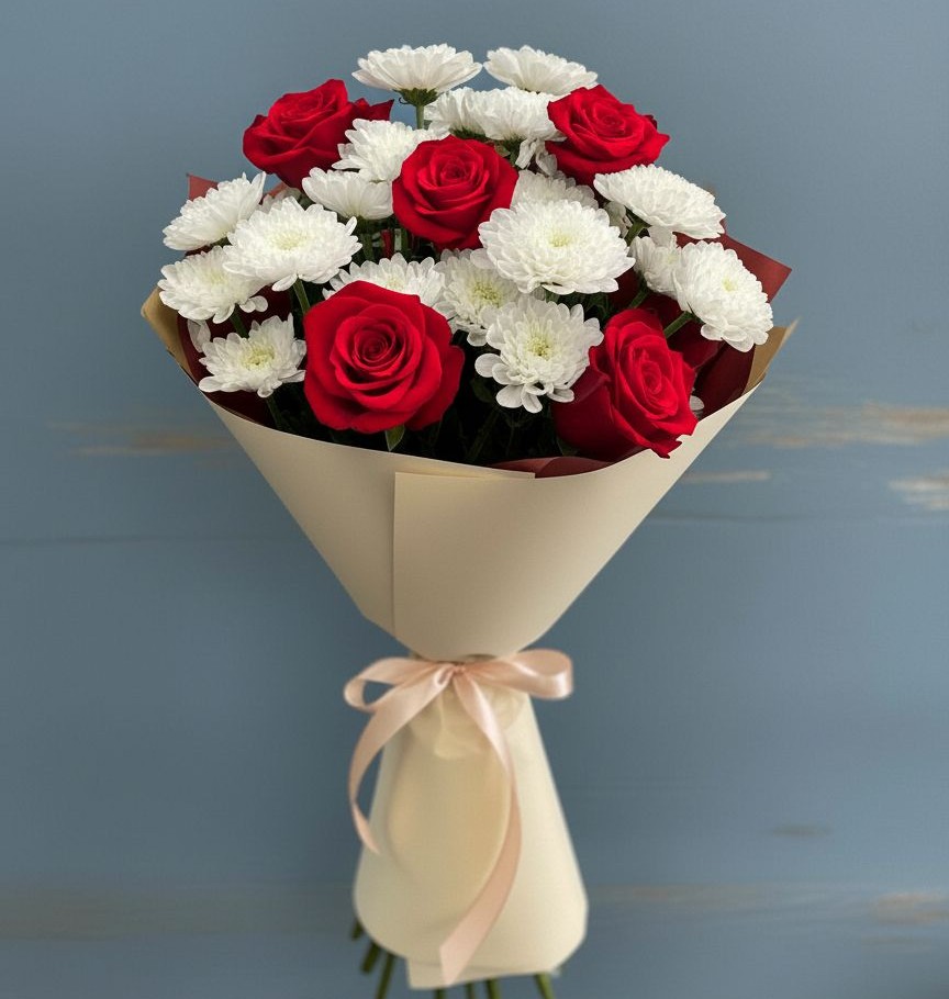 Букет цветов из: Розы и Хризантемы в Нижней Пойме