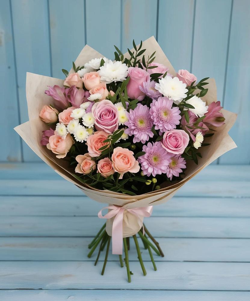 Букет цветов из: Хризантемы, Розы и Альстромерии в Нижней Пойме