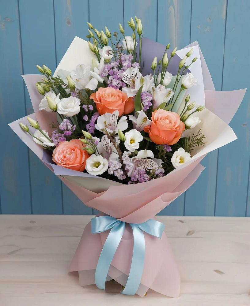 Букет цветов из: Лизиантусы, Розы, Альстромерии и Гипсофила в Нижней Пойме