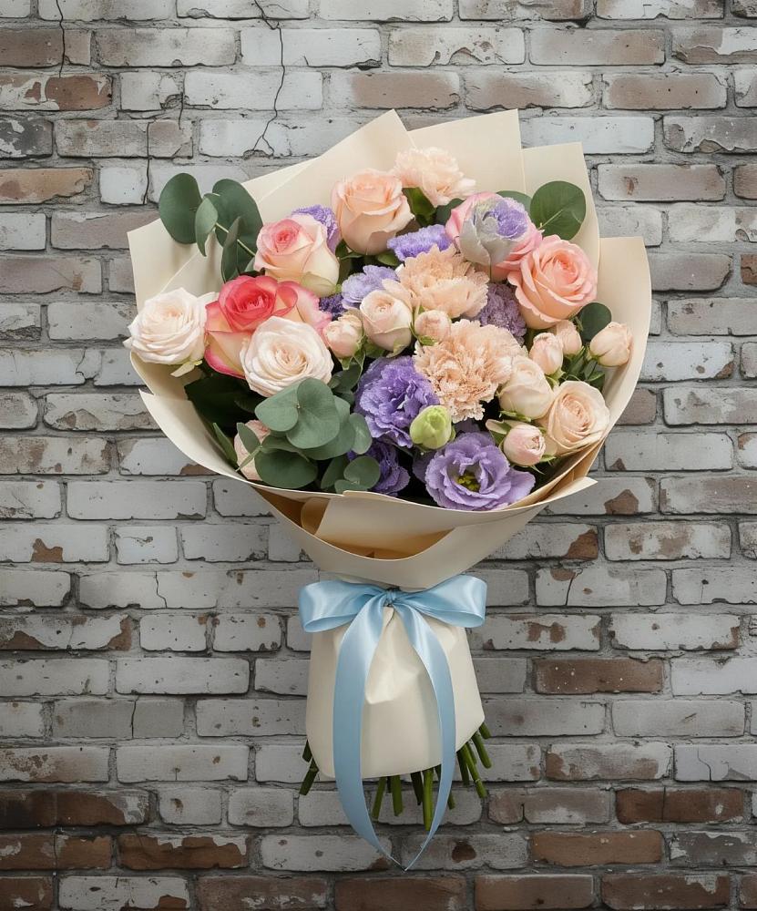 Букет цветов из: Розы, Лизиантусы и Гвоздики в Нижней Пойме