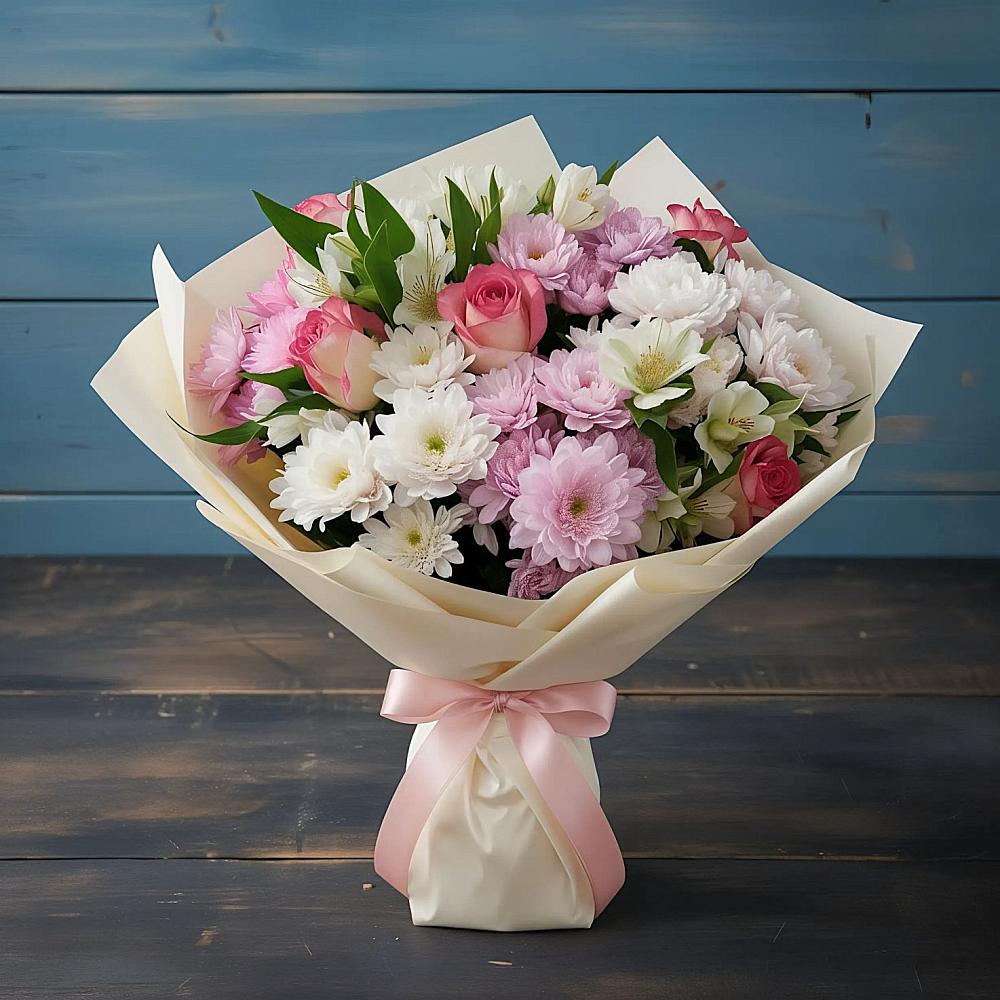 Букет цветов из: Хризантемы, Альстромерии и Розы в Нижней Пойме